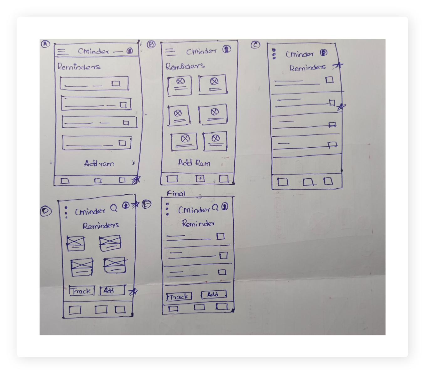 CMinder app- Paper wireframes